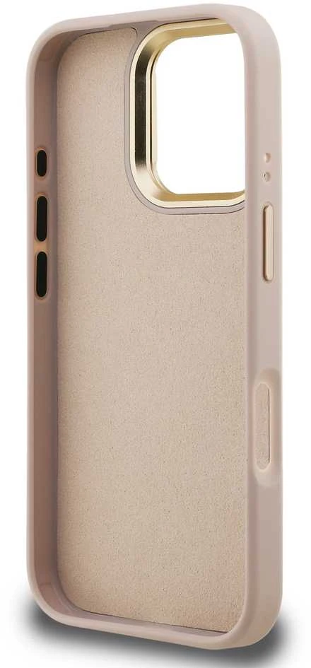 Guess PU 4G Metal Logo Stand Camera Frame dėklas skirtas Apple iPhone 16 Pro rožinės spalvos