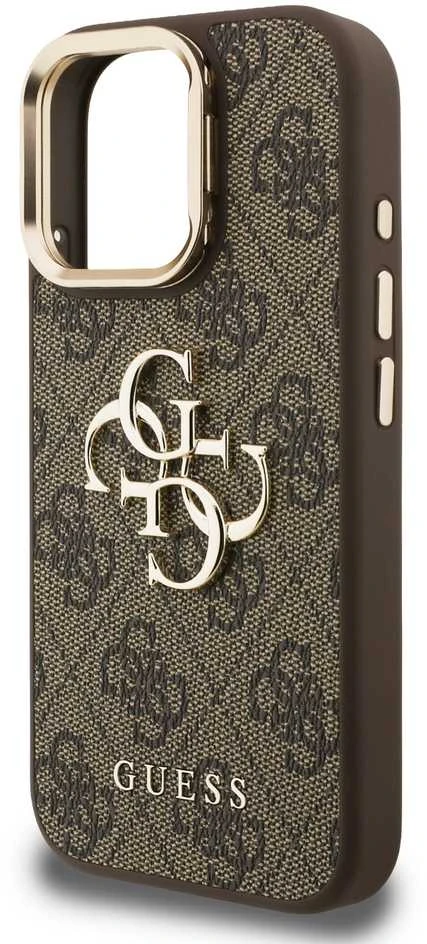 Guess PU 4G Metal Logo Stand Camera Frame dėklas skirtas Apple iPhone 15 Pro Max rudos spalvos