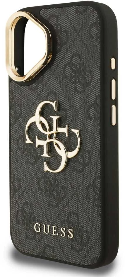 Guess PU 4G Metal Logo Stand Camera Frame dėklas skirtas Apple iPhone 16 juodos spalvos