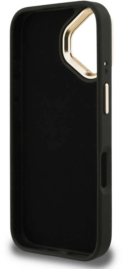 Guess PU 4G Metal Logo Stand Camera Frame dėklas skirtas Apple iPhone 16 juodos spalvos
