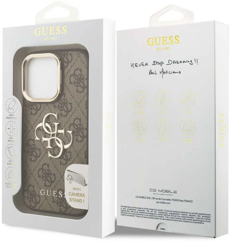 Guess PU 4G Metal Logo Stand Camera Frame dėklas skirtas Apple iPhone 15 Pro rudos spalvos