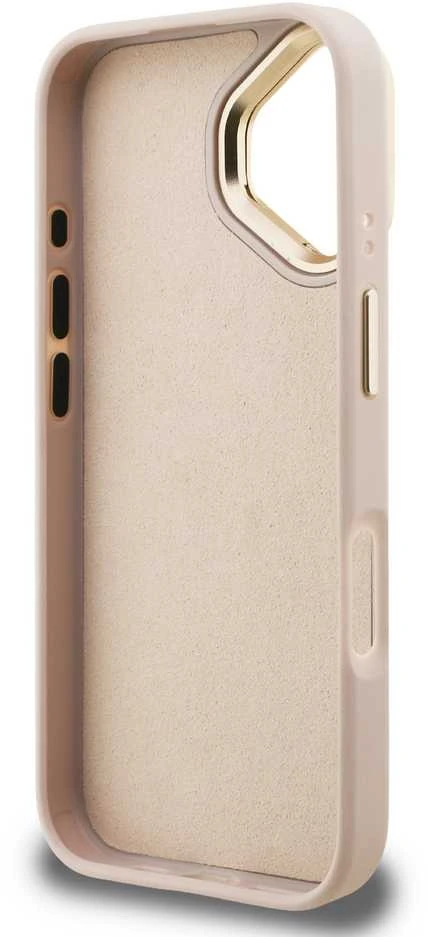 Guess PU 4G Metal Logo Stand Camera Frame dėklas skirtas Apple iPhone 16 rožinės spalvos