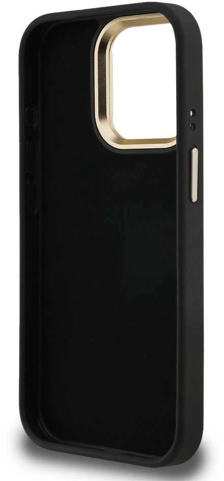 Guess PU 4G Metal Logo Stand Camera Frame dėklas skirtas Apple iPhone 15 Pro juodos spalvos