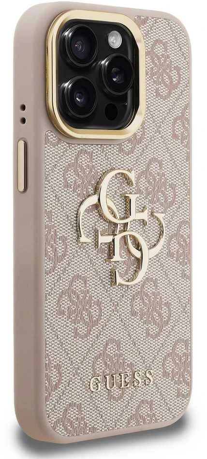 Guess PU 4G Metal Logo Stand Camera Frame dėklas skirtas Apple iPhone 15 Pro Max rožinės spalvos