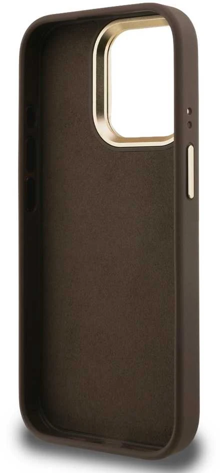 Guess PU 4G Metal Logo Stand Camera Frame dėklas skirtas Apple iPhone 15 Pro rudos spalvos