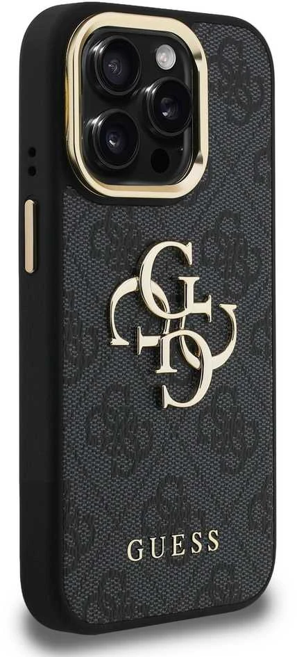 Guess PU 4G Metal Logo Stand Camera Frame dėklas skirtas Apple iPhone 15 Pro juodos spalvos