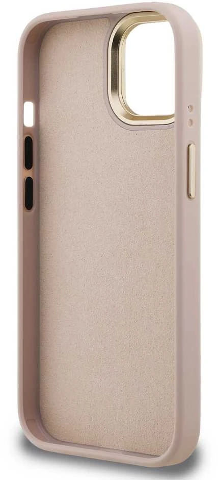 Guess PU 4G Metal Logo Stand Camera Frame dėklas skirtas Apple iPhone 15 rožinės spalvos