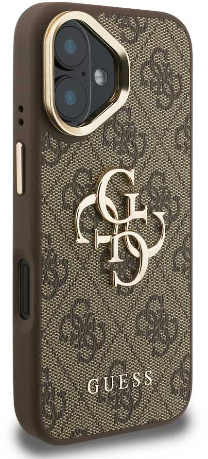 Guess PU 4G Metal Logo Stand Camera Frame dėklas skirtas Apple iPhone 16 rudos spalvos