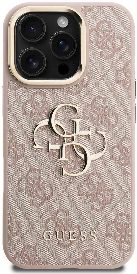 Guess PU 4G Metal Logo Stand Camera Frame dėklas skirtas Apple iPhone 16 Pro rožinės spalvos