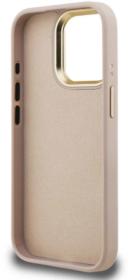 Guess PU 4G Metal Logo Stand Camera Frame dėklas skirtas Apple iPhone 15 Pro Max rožinės spalvos