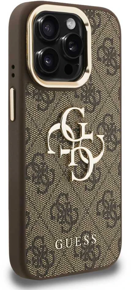 Guess PU 4G Metal Logo Stand Camera Frame dėklas skirtas Apple iPhone 15 Pro Max rudos spalvos