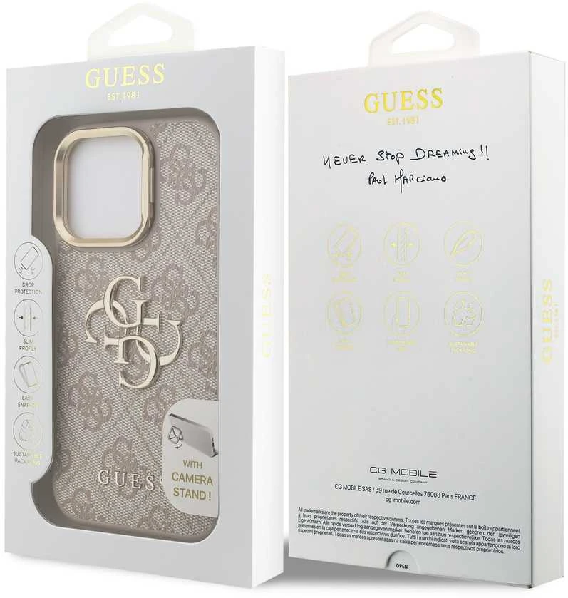 Guess PU 4G Metal Logo Stand Camera Frame dėklas skirtas Apple iPhone 16 Pro rožinės spalvos