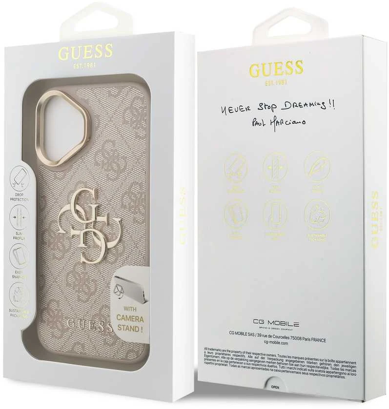 Guess PU 4G Metal Logo Stand Camera Frame dėklas skirtas Apple iPhone 16 rožinės spalvos