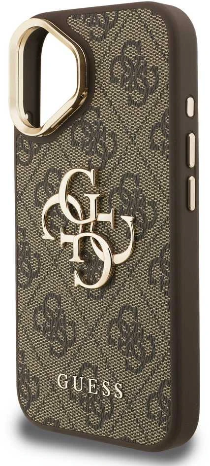 Guess PU 4G Metal Logo Stand Camera Frame dėklas skirtas Apple iPhone 16 rudos spalvos