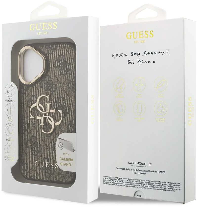 Guess PU 4G Metal Logo Stand Camera Frame dėklas skirtas Apple iPhone 16 rudos spalvos