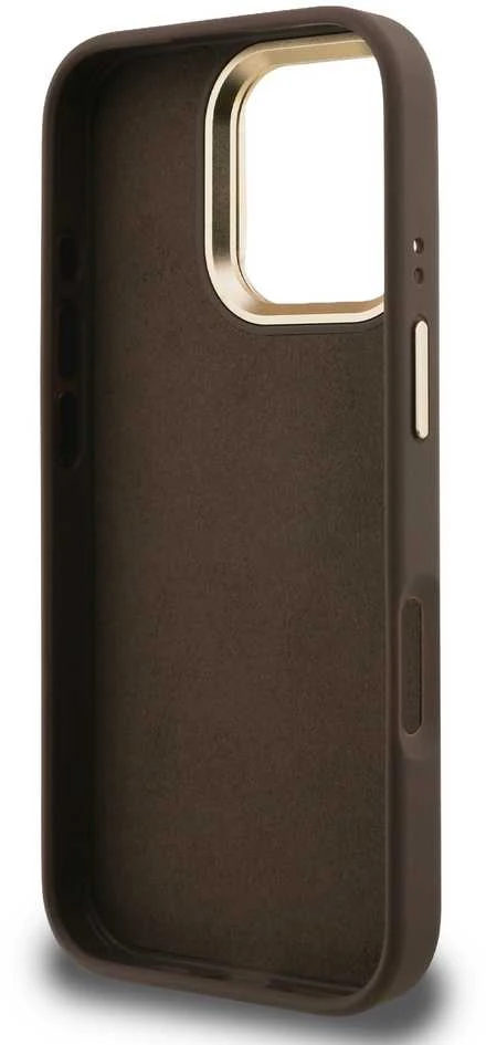 Guess PU 4G Metal Logo Stand Camera Frame dėklas skirtas Apple iPhone 16 Pro rudos spalvos