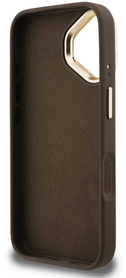 Guess PU 4G Metal Logo Stand Camera Frame dėklas skirtas Apple iPhone 16 rudos spalvos