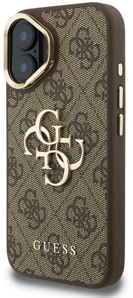 Guess PU 4G Metal Logo Stand Camera Frame dėklas skirtas Apple iPhone 16 rudos spalvos