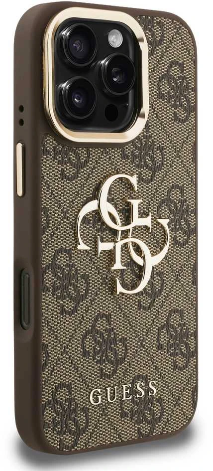 Guess PU 4G Metal Logo Stand Camera Frame dėklas skirtas Apple iPhone 16 Pro rudos spalvos