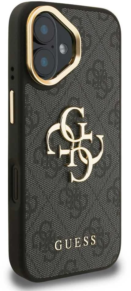 Guess PU 4G Metal Logo Stand Camera Frame dėklas skirtas Apple iPhone 16 juodos spalvos