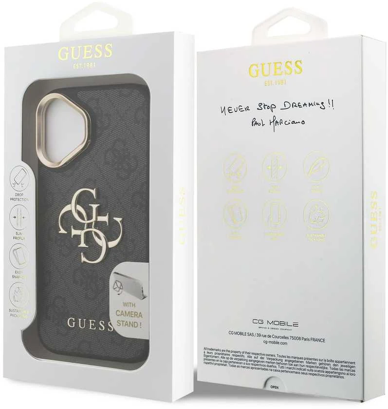 Guess PU 4G Metal Logo Stand Camera Frame dėklas skirtas Apple iPhone 16 juodos spalvos