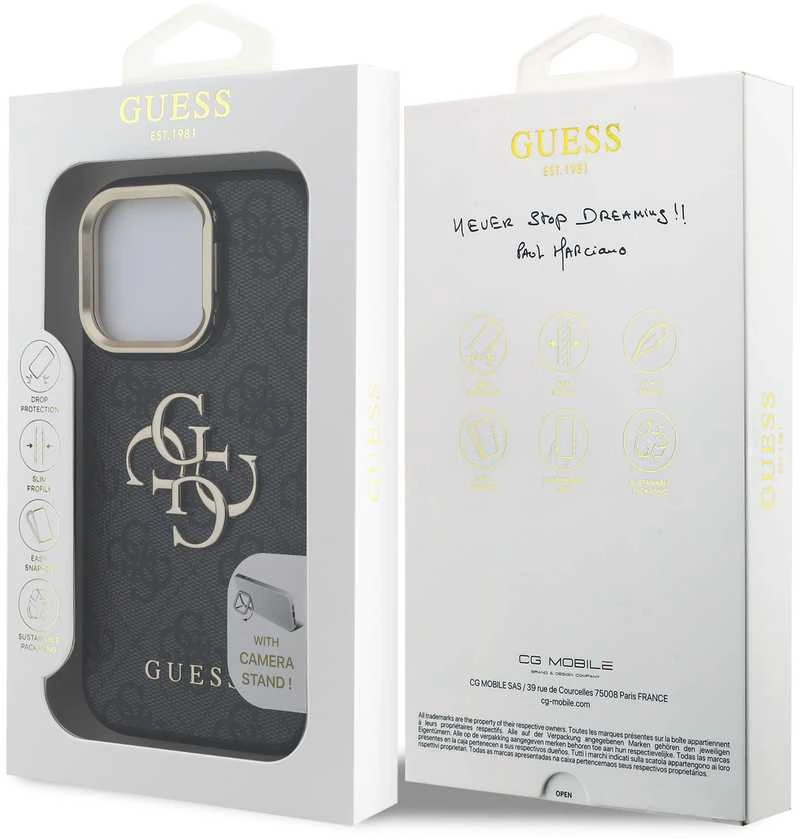 Guess PU 4G Metal Logo Stand Camera Frame dėklas skirtas Apple iPhone 16 Pro juodos spalvos