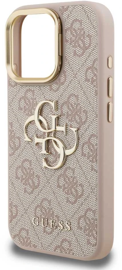 Guess PU 4G Metal Logo Stand Camera Frame dėklas skirtas Apple iPhone 16 Pro rožinės spalvos