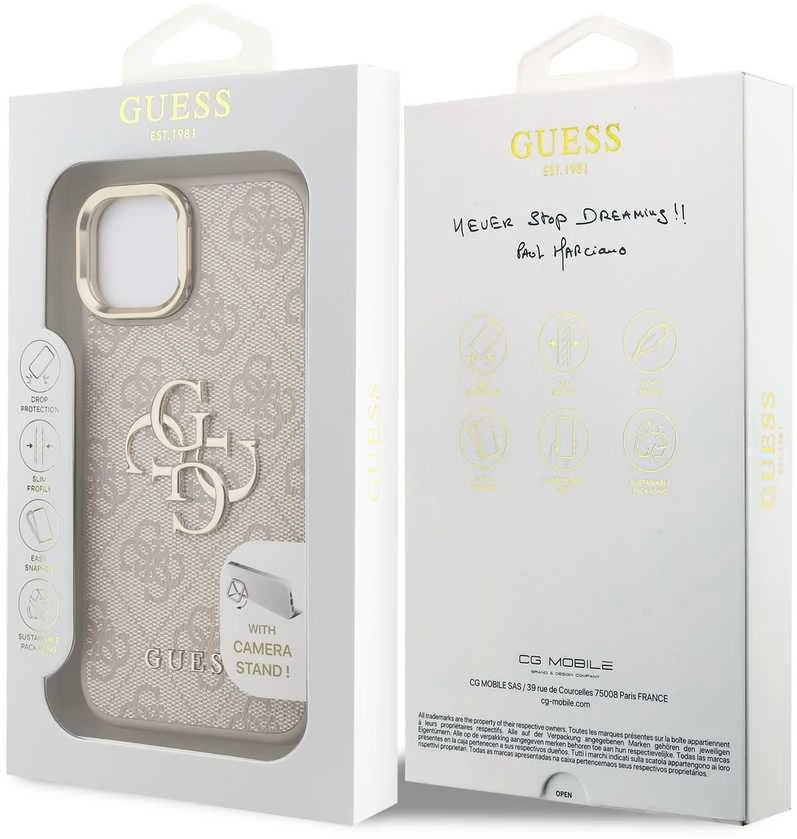 Guess PU 4G Metal Logo Stand Camera Frame dėklas skirtas Apple iPhone 15 rožinės spalvos