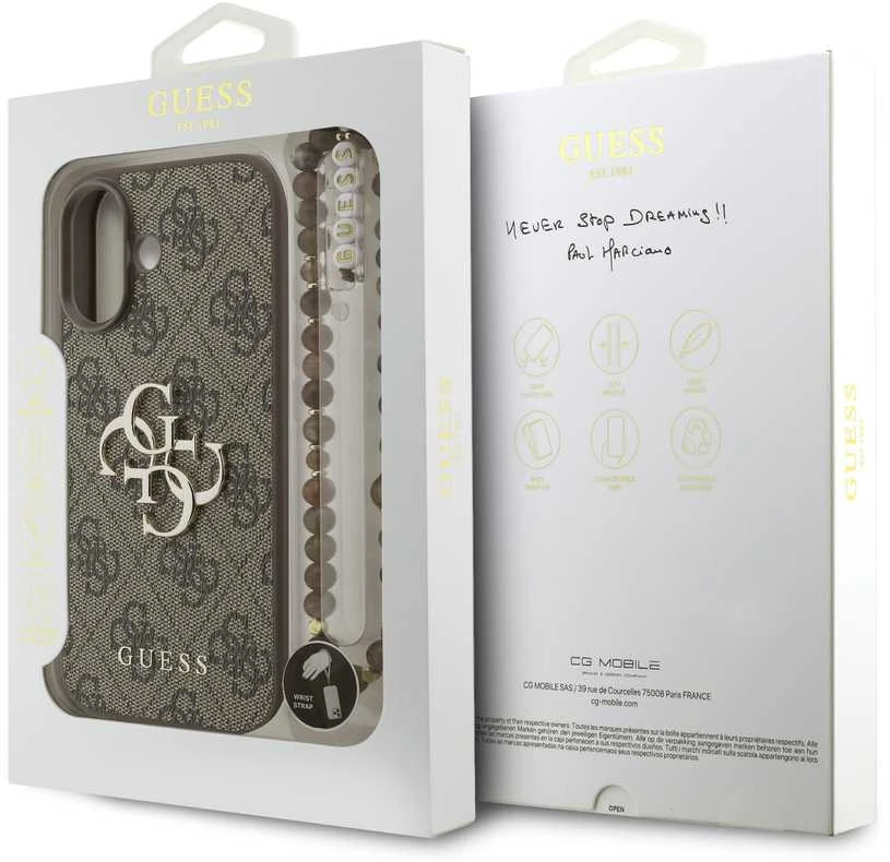 Dėklas „Guess“ PU 4G metalinis logotipo dirželis, skirtas „Apple iPhone 17“ rudos spalvos