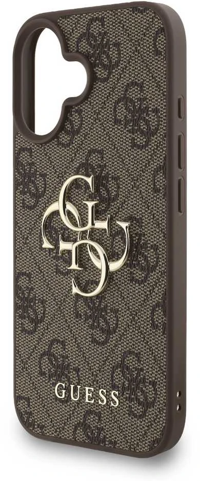 Guess PU 4G Metal Logo Strap dėklas skirtas Apple iPhone 16 rudos spalvos