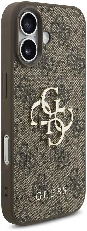 Dėklas „Guess“ PU 4G metalinis logotipo dirželis, skirtas „Apple iPhone 17“ rudos spalvos