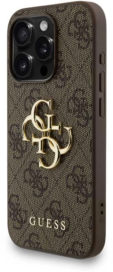 Guess PU 4G Metal Logo Strap dėklas skirtas Apple iPhone 15 Pro Max rudos spalvos