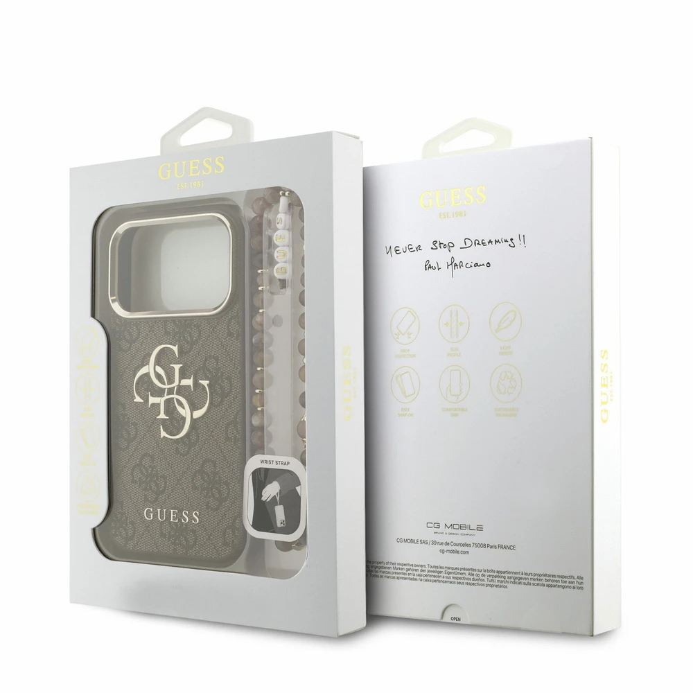 Guess PU 4G Metal Logo Strap Dėklas iPhone 18 Pro Brown