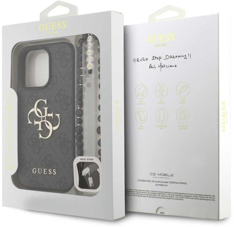 Guess PU 4G Metal Logo Strap dėklas skirtas Apple iPhone 16 Pro Max juodos spalvos