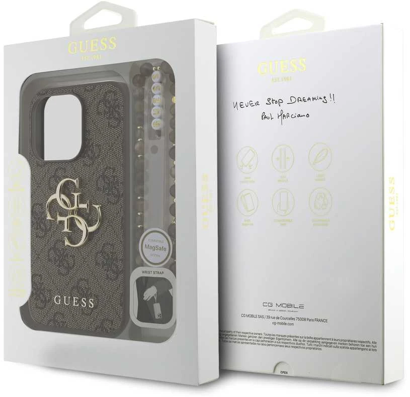 Guess PU 4G Metal Logo Strap dėklas skirtas Apple iPhone 15 Pro Max rudos spalvos