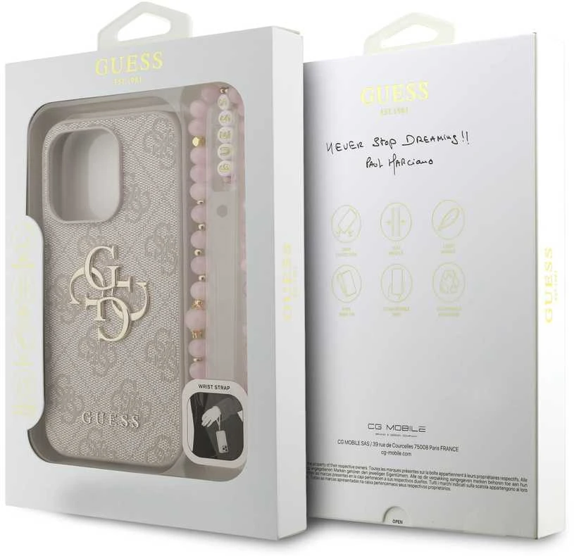 Guess PU 4G Metal Logo Strap dėklas skirtas Apple iPhone 15 Pro Max rožinės spalvos