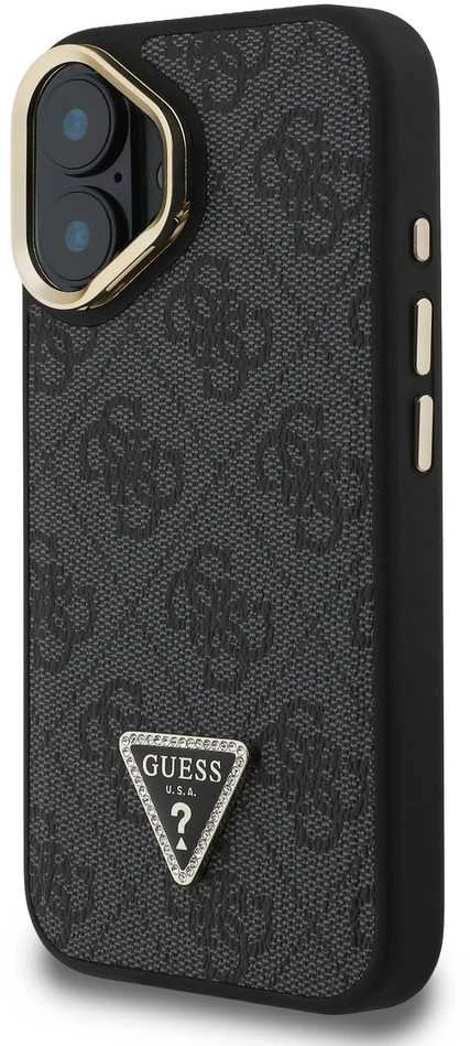 Guess PU 4G Strass Triangle Logo Stand Camera Frame MagSafe dėklas skirtas Apple iPhone 16 juodos spalvos