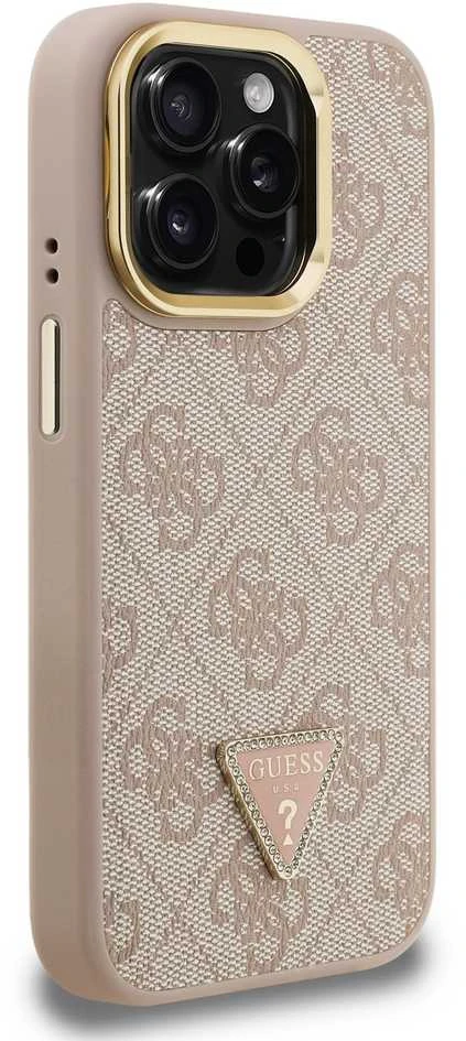 Guess PU 4G Strass Triangle Logo Stand Camera Frame MagSafe dėklas skirtas Apple iPhone 15 Pro Max rožinės spalvos