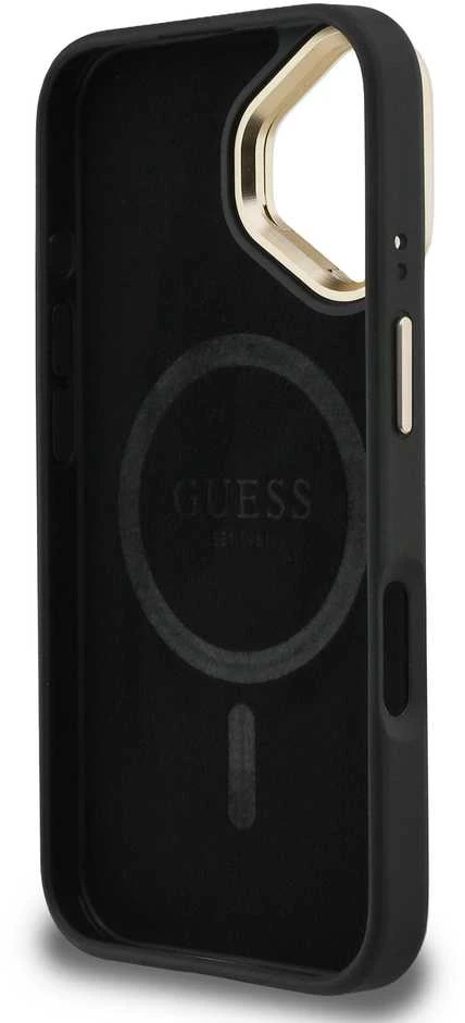 Guess PU 4G Strass Triangle Logo Stand Camera Frame MagSafe dėklas skirtas Apple iPhone 16 juodos spalvos
