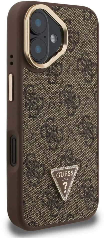 Guess PU 4G Strass Triangle Logo Stand Camera Frame MagSafe dėklas skirtas Apple iPhone 16 rudos spalvos