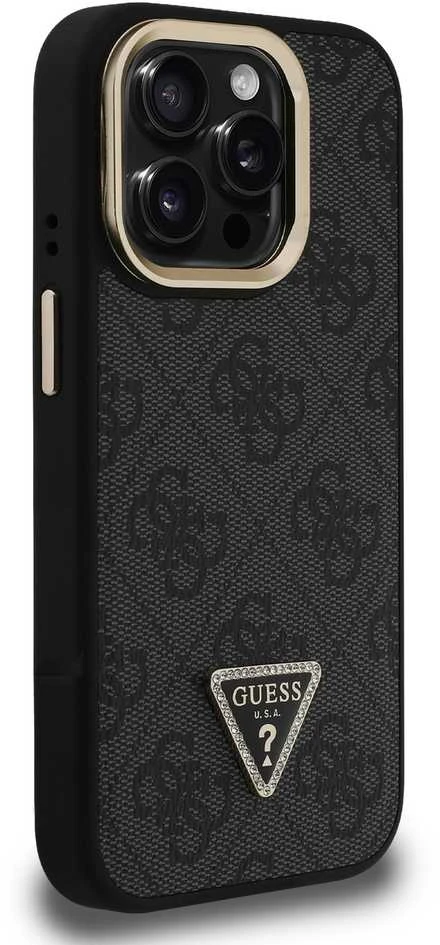 Guess PU 4G Strass Triangle Logo Stand Camera Frame MagSafe dėklas skirtas Apple iPhone 15 Pro Max juodos spalvos