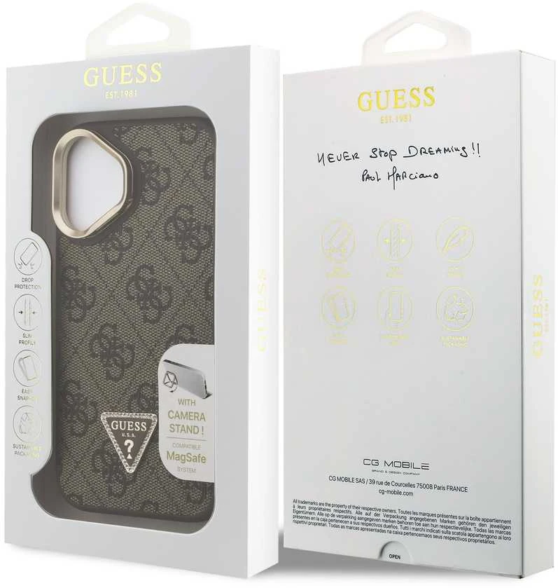 Guess PU 4G Strass Triangle Logo Stand Camera Frame MagSafe dėklas skirtas Apple iPhone 16 rudos spalvos