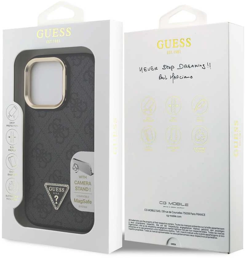 Guess PU 4G Strass Triangle Logo Stand Camera Frame MagSafe dėklas skirtas Apple iPhone 15 Pro Max juodos spalvos