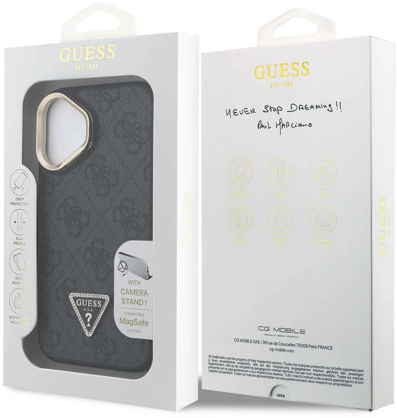 Guess PU 4G Strass Triangle Logo Stand Camera Frame MagSafe dėklas skirtas Apple iPhone 16 juodos spalvos