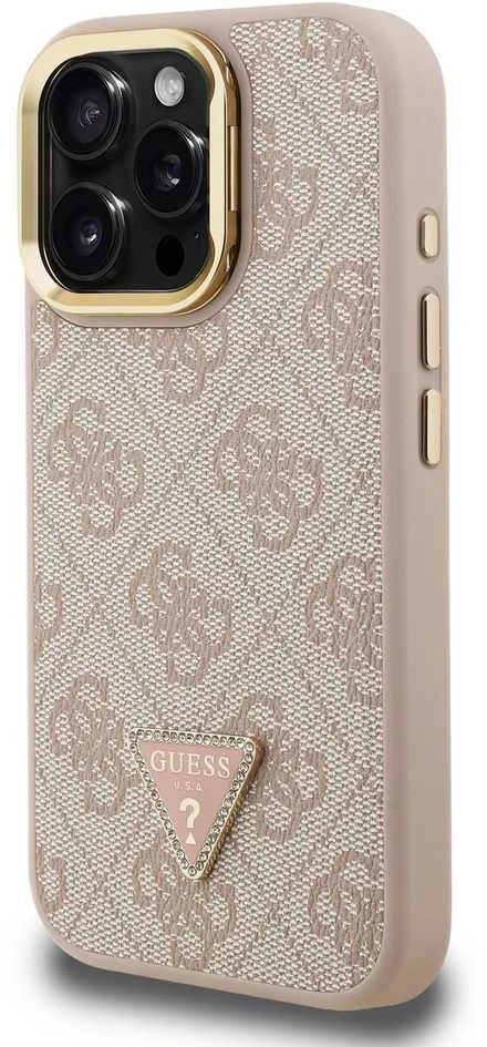 Guess PU 4G Strass Triangle Logo Stand Camera Frame MagSafe dėklas skirtas Apple iPhone 15 Pro Max rožinės spalvos