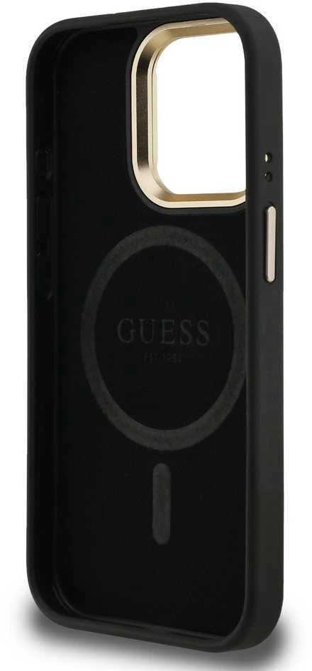 Guess PU 4G Strass Triangle Logo Stand Camera Frame MagSafe dėklas skirtas Apple iPhone 15 Pro Max juodos spalvos