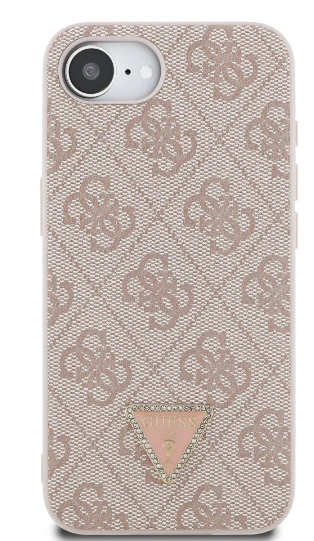 Guess PU 4G Strass Triangle Metal Logo dėklas Apple iPhone 16e rožinės spalvos
