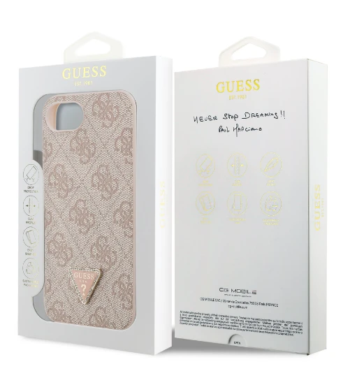 Guess PU 4G Strass Triangle Metal Logo dėklas Apple iPhone 16e rožinės spalvos