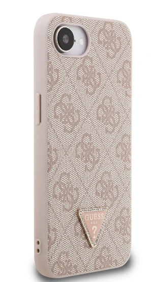 Guess PU 4G Strass Triangle Metal Logo dėklas Apple iPhone 16e rožinės spalvos