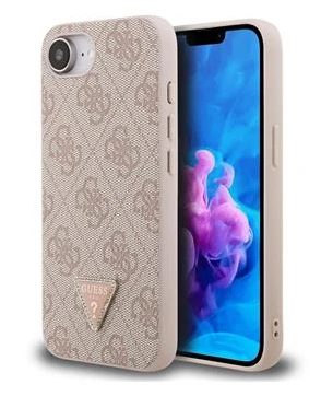 Guess PU 4G Strass Triangle Metal Logo dėklas Apple iPhone 16e rožinės spalvos